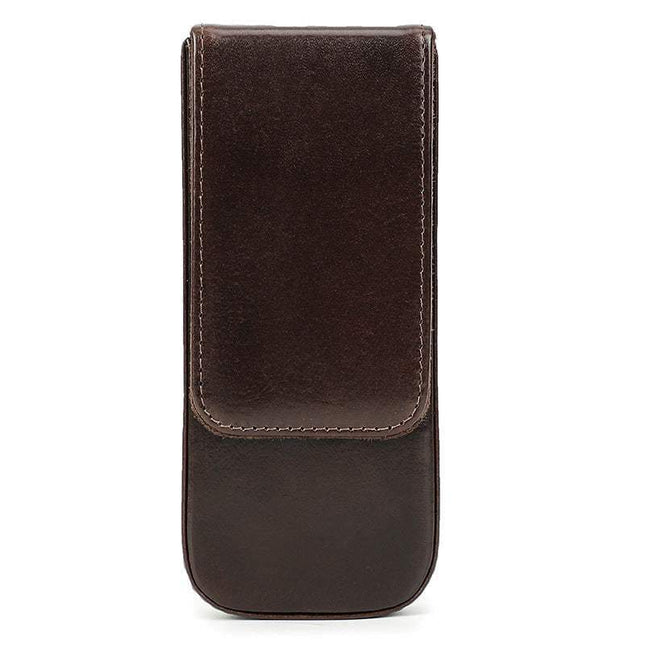 Set of three handmade leather pen cases with magnetic drawers in multiple colors for organized pen storage