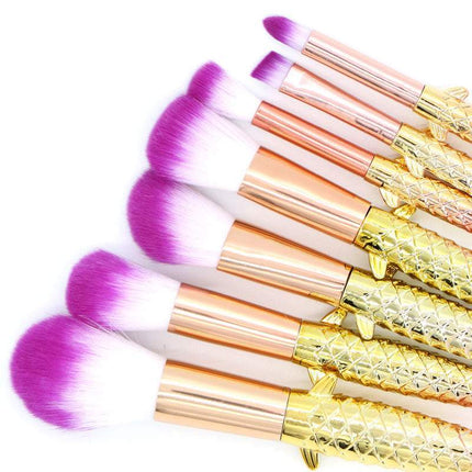 7-piece makeup brush set with yellow-green gradient handles and soft rayon bristles
