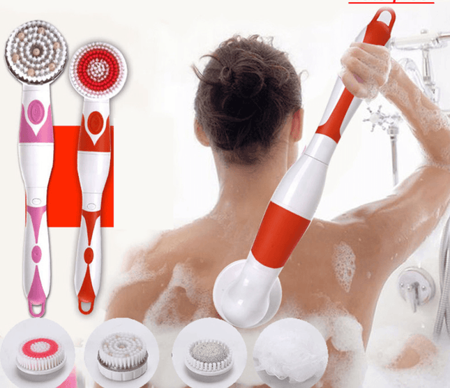 Electric bath brush with long handle, automatic shower gel dispenser, four replaceable brush heads, and bath ball for exfoliating and massaging in orange, gray, and pink colors