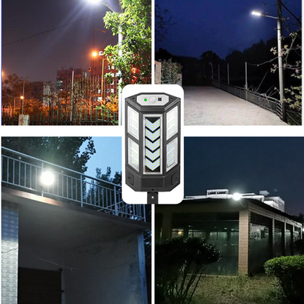Outdoor solar wall light with remote and motion sensor mounted on exterior wall