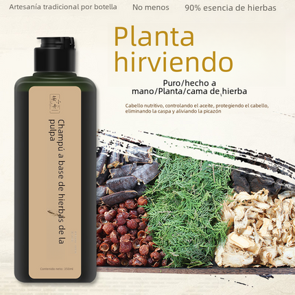 Herbal shampoo bottles with natural ingredients and no silicone on wooden surface