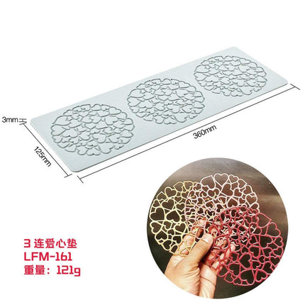Heart Leaf Lace silicone fondant mold with intricate heart-shaped leaf and lace cake decoration patterns