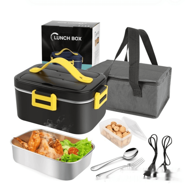 Portable electric lunch box plugged into a car outlet heating food without water injection