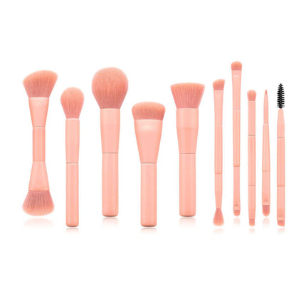 10-piece makeup brush set with pink wooden handles and nylon bristles