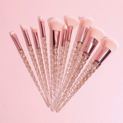 Crystal Spiral Makeup Brush Set with 10 pieces, soft nylon bristles, spiral handles in white and rose red, designed for beginners and travel use