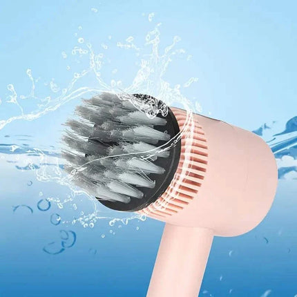 Cordless electric rotating scrubber handheld cleaning device with rechargeable battery and replaceable brush heads for bathroom and kitchen surfaces