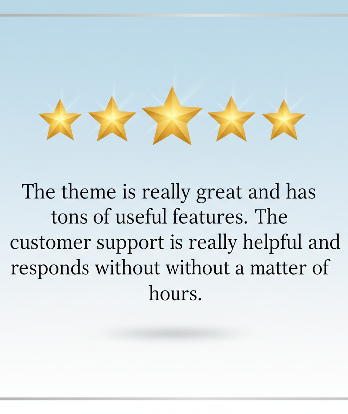 the theme is really great and has tons of useful features the customer support is really helpful and responds without a matter of hours review